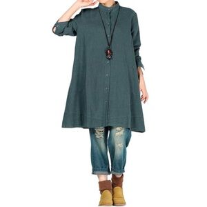 Mordenmiss NEW Cotton Linen Tunic Jacket Shacket Navy Medium Lagenlook Coastal